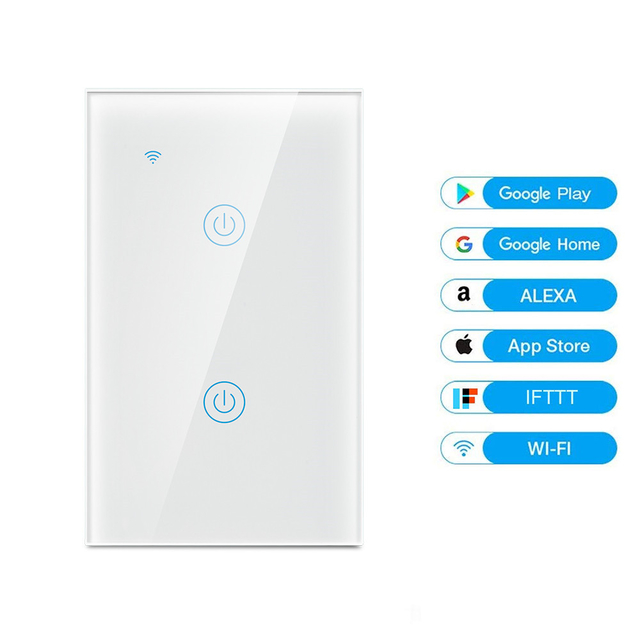 Us AU Standard Tuya Wifi Smart Switch 2 Gang No Neutral Wall Switch Smart Life App Control Electrical Light Switch